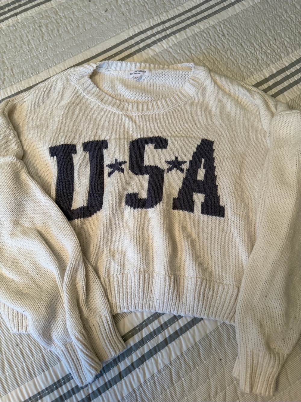 Grayson Threads Cream Crewneck Sweater with Navy USA Graphic